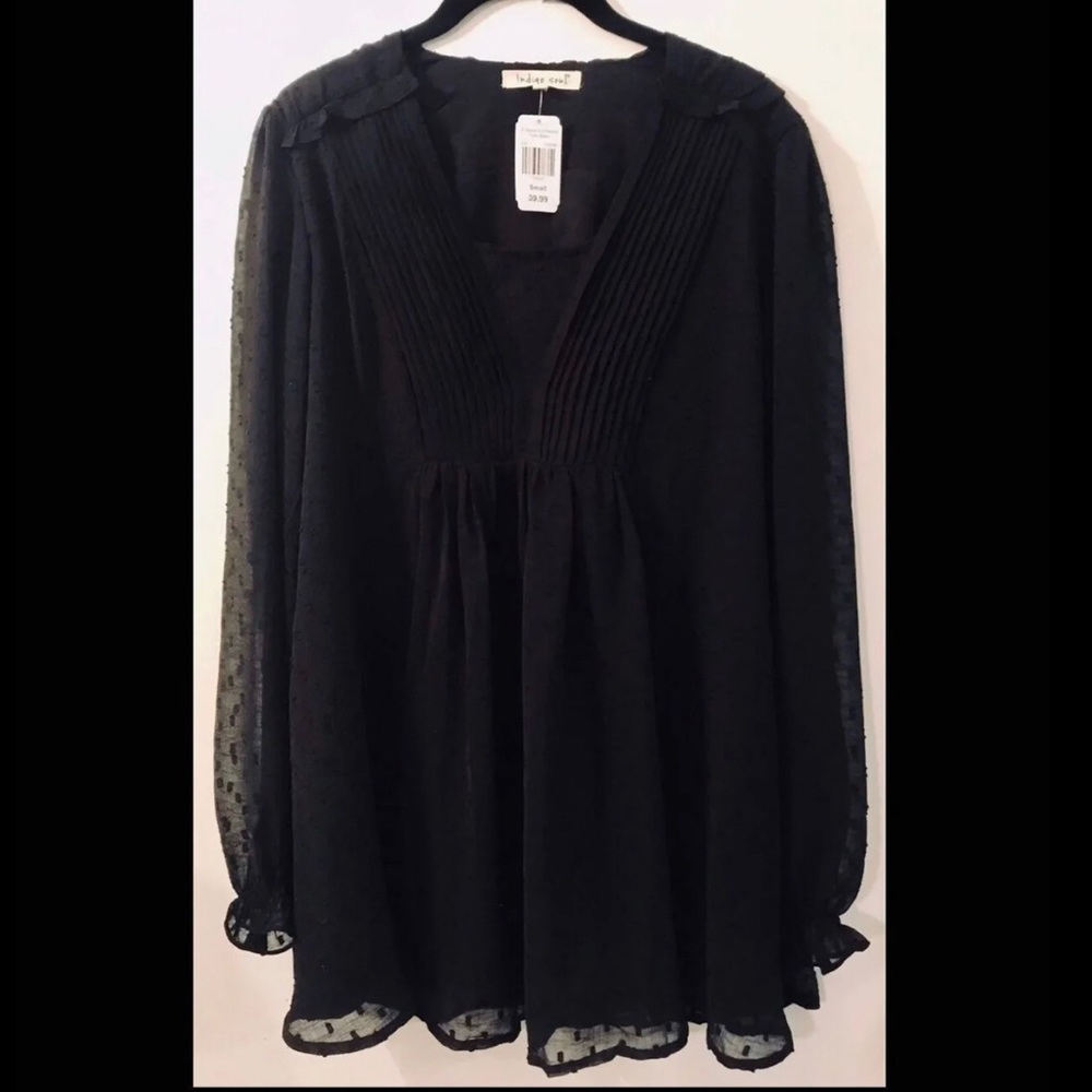 Indigo Soul El Swiss Dot Pleated Black Tunic NWT